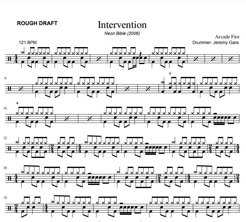 Intervention - Arcade Fire - Rough Draft Drum Transcription / Drum Sheet Music - DrumSetSheetMusic.com