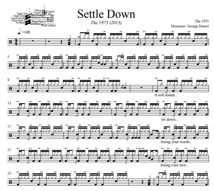 Settle Down - The 1975 - Full Drum Transcription / Drum Sheet Music - DrumSetSheetMusic.com