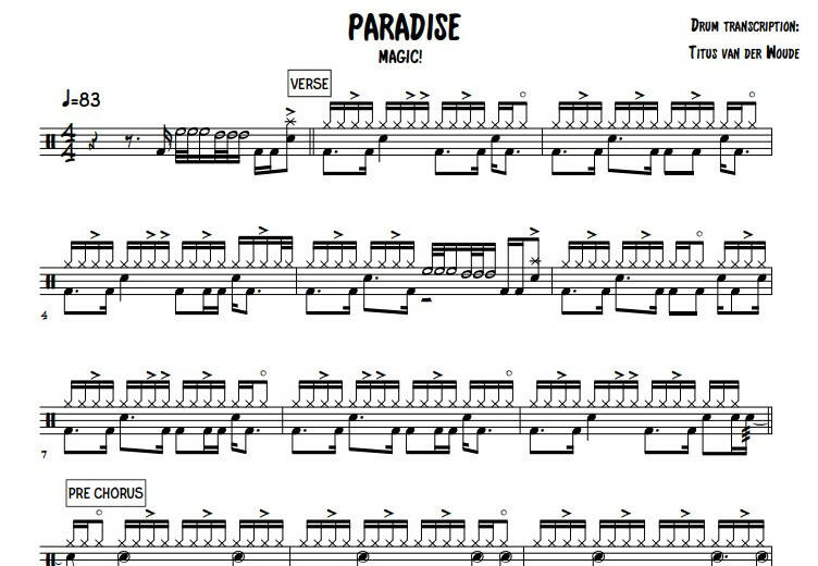 Paradise - Magic! - Full Drum Transcription / Drum Sheet Music - Titus van der Woude