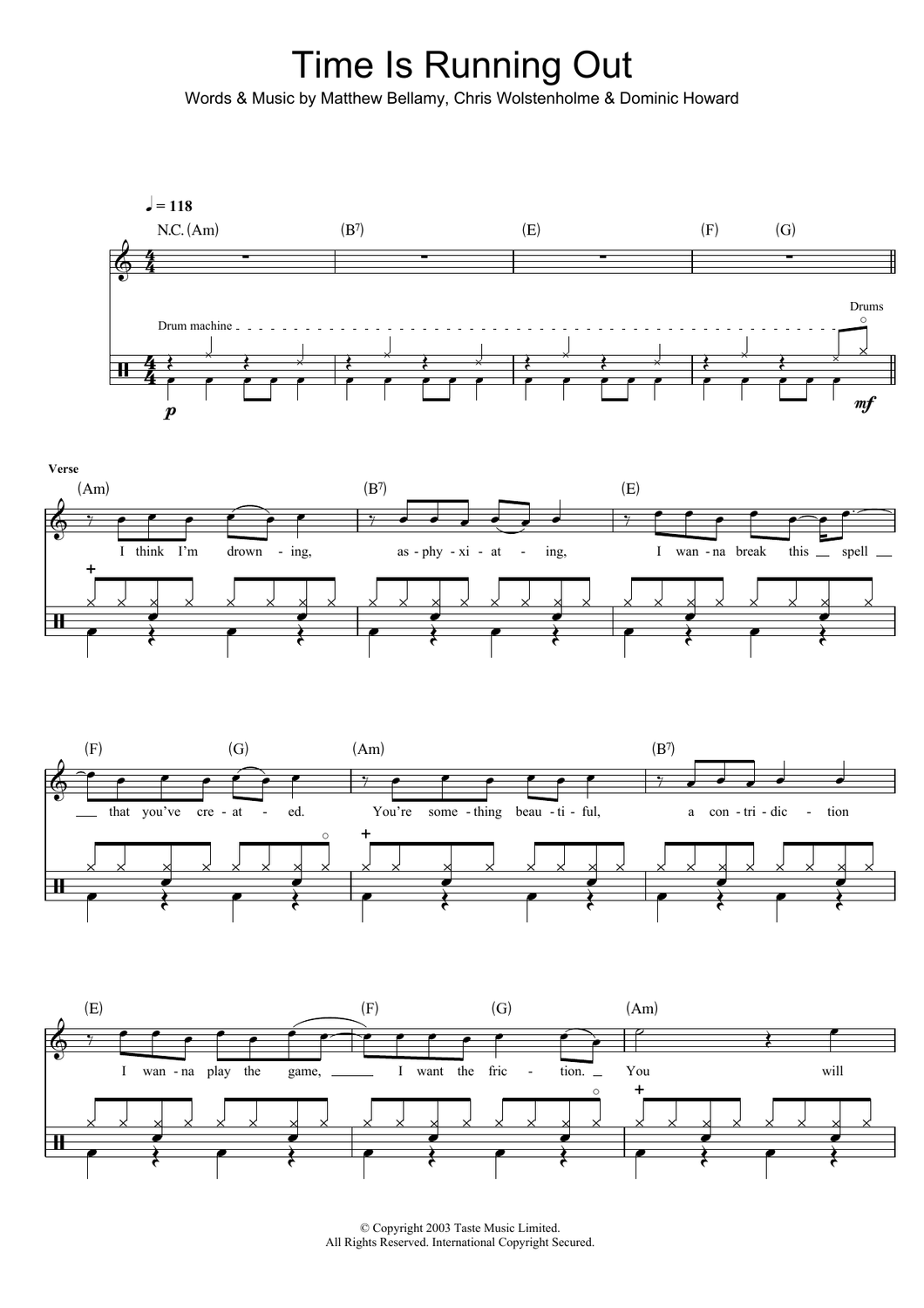 Time Is Running Out - Muse - Full Drum Transcription / Drum Sheet Music - SheetMusicDirect D