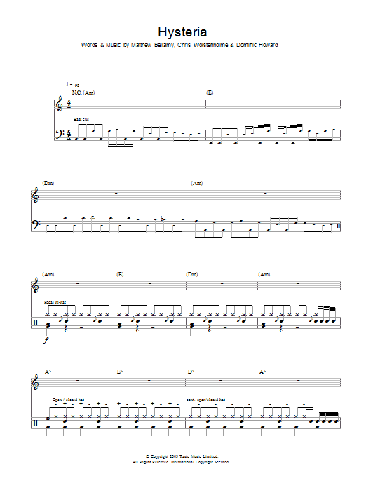 Hysteria - Muse - Full Drum Transcription / Drum Sheet Music - SheetMusicDirect D