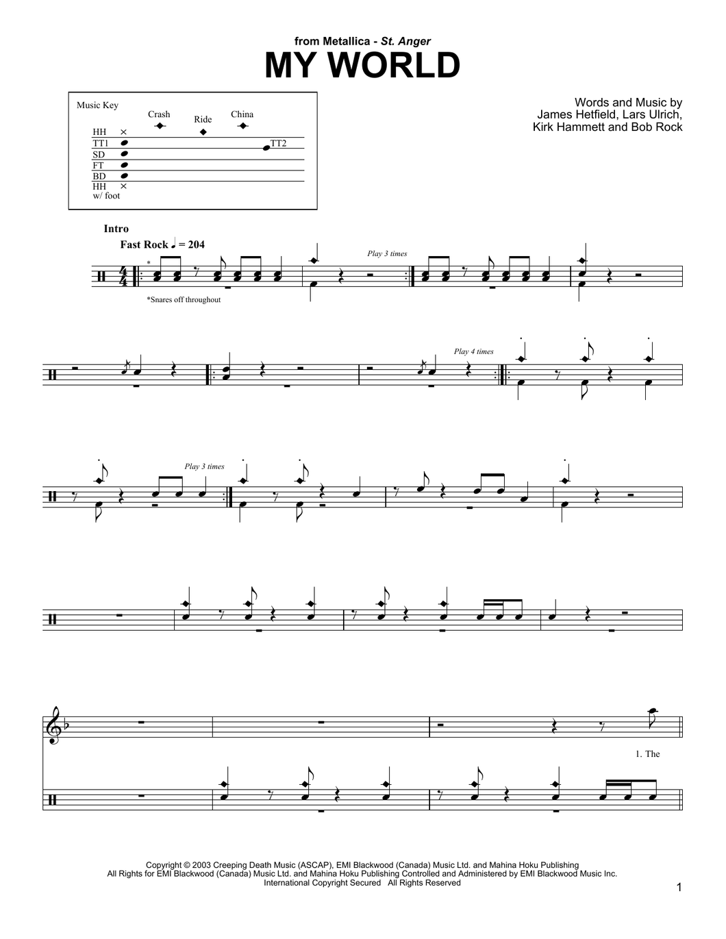 My World - Metallica - Full Drum Transcription / Drum Sheet Music - SheetMusicDirect DT