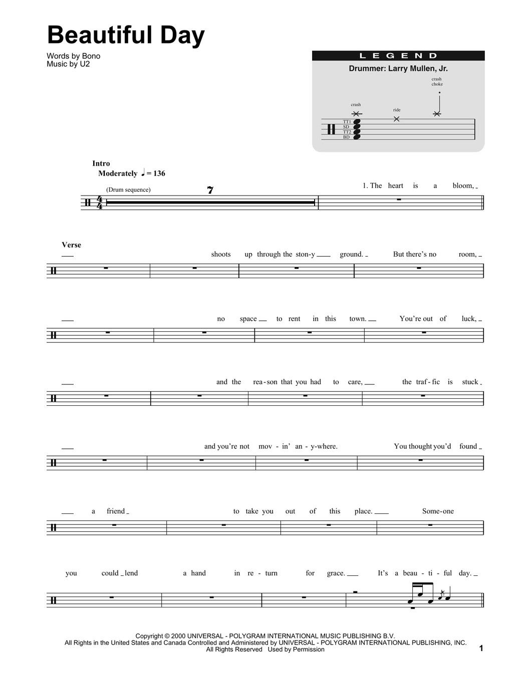 Beautiful Day - U2 (The Band) - Full Drum Transcription / Drum Sheet Music - SheetMusicDirect DT
