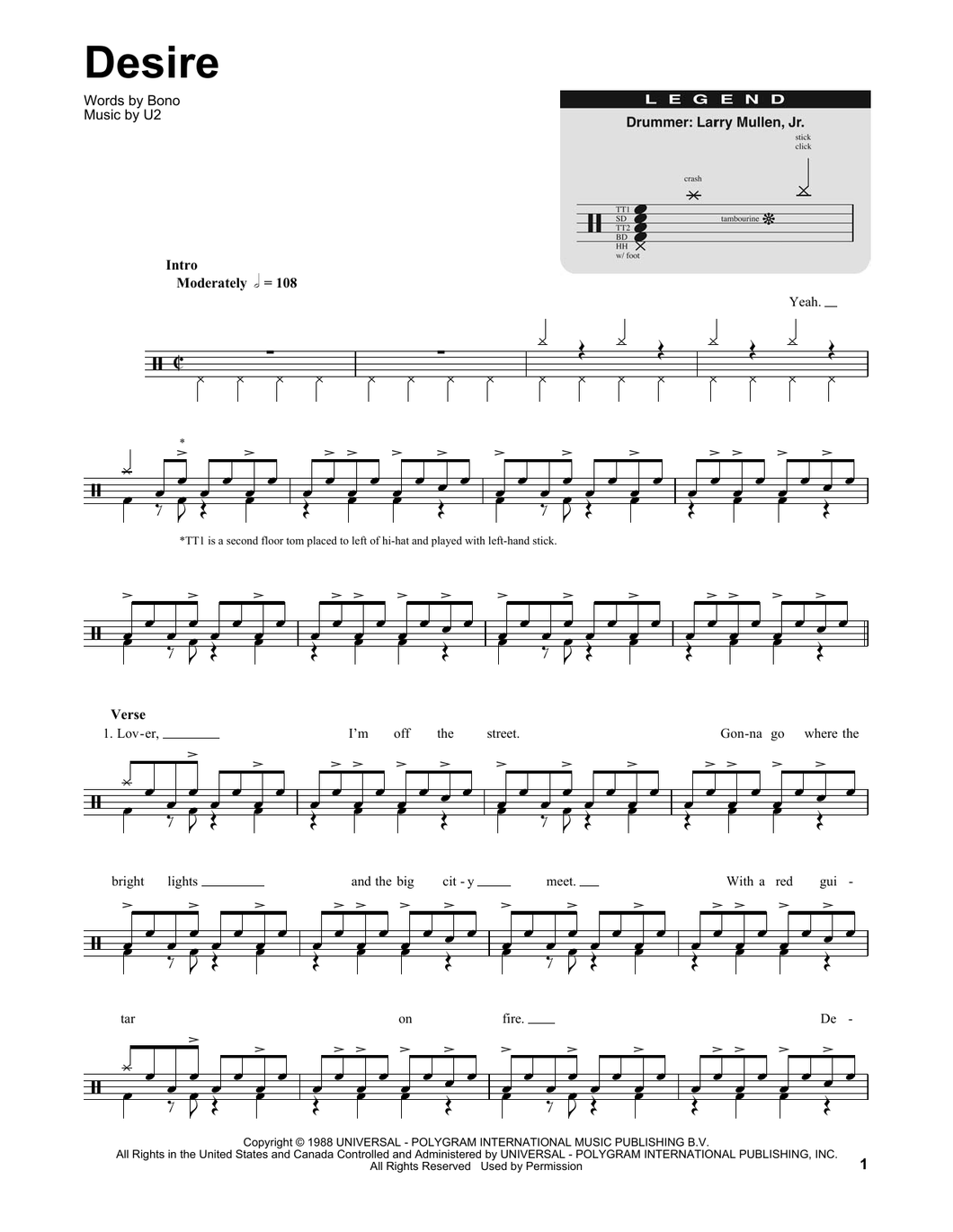 Desire - U2 (The Band) - Full Drum Transcription / Drum Sheet Music - SheetMusicDirect DT