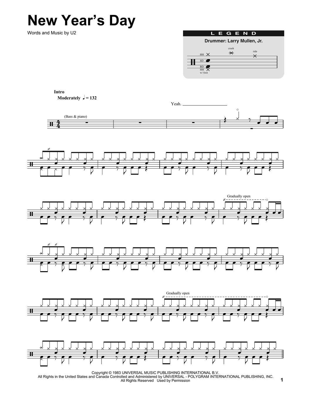 New Year's Day - U2 (The Band) - Full Drum Transcription / Drum Sheet Music - SheetMusicDirect DT