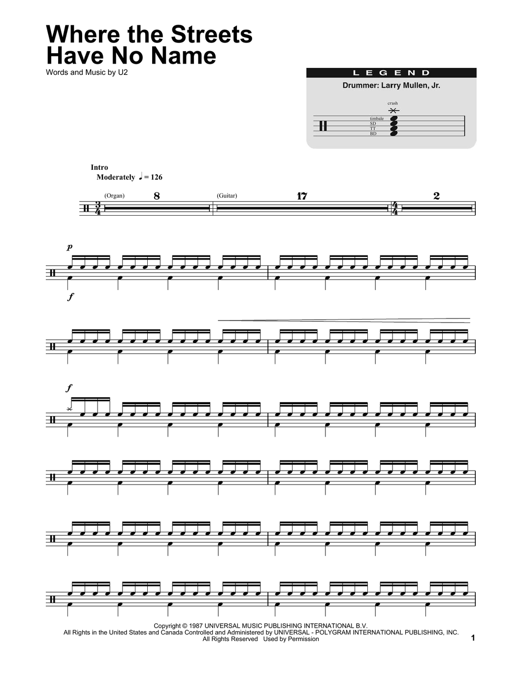 Where the Streets Have No Name - U2 (The Band) - Full Drum Transcription / Drum Sheet Music - SheetMusicDirect DT