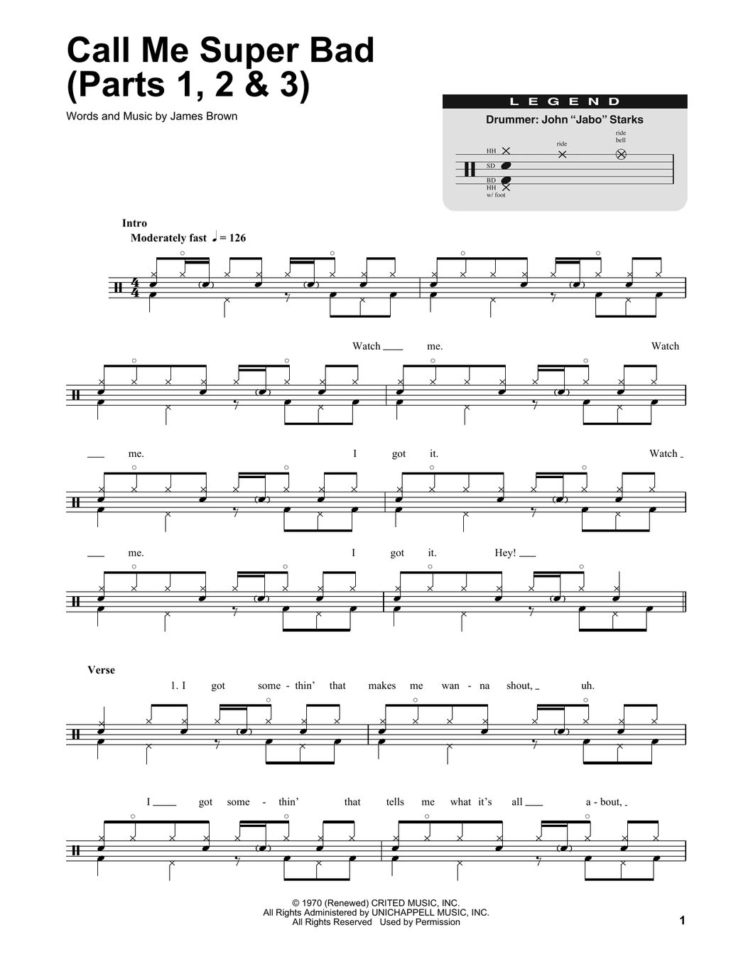 Call Me Super Bad (Parts 1, 2 & 3) - James Brown - Full Drum Transcription / Drum Sheet Music - SheetMusicDirect DT