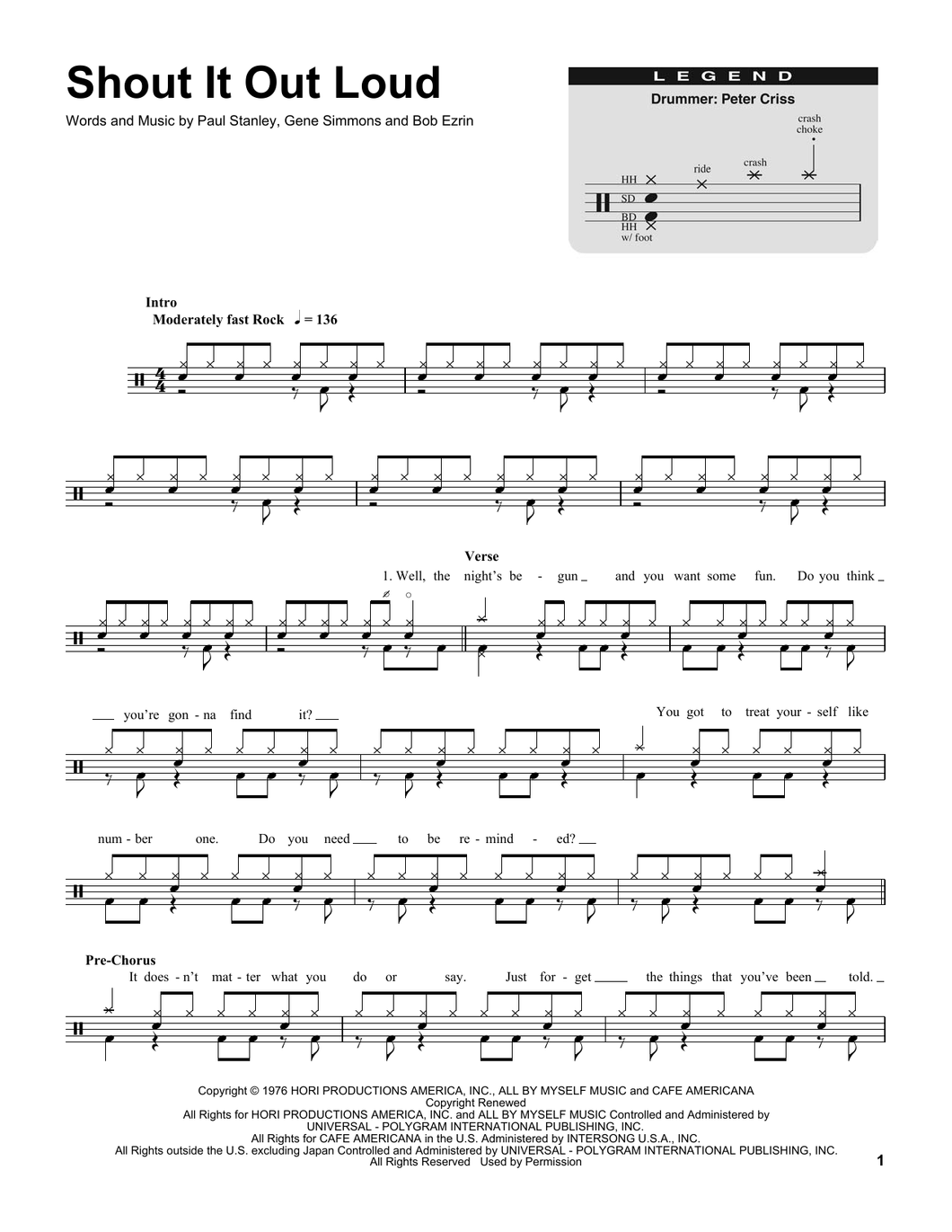 Shout It Out Loud - Kiss - Full Drum Transcription / Drum Sheet Music - SheetMusicDirect DT