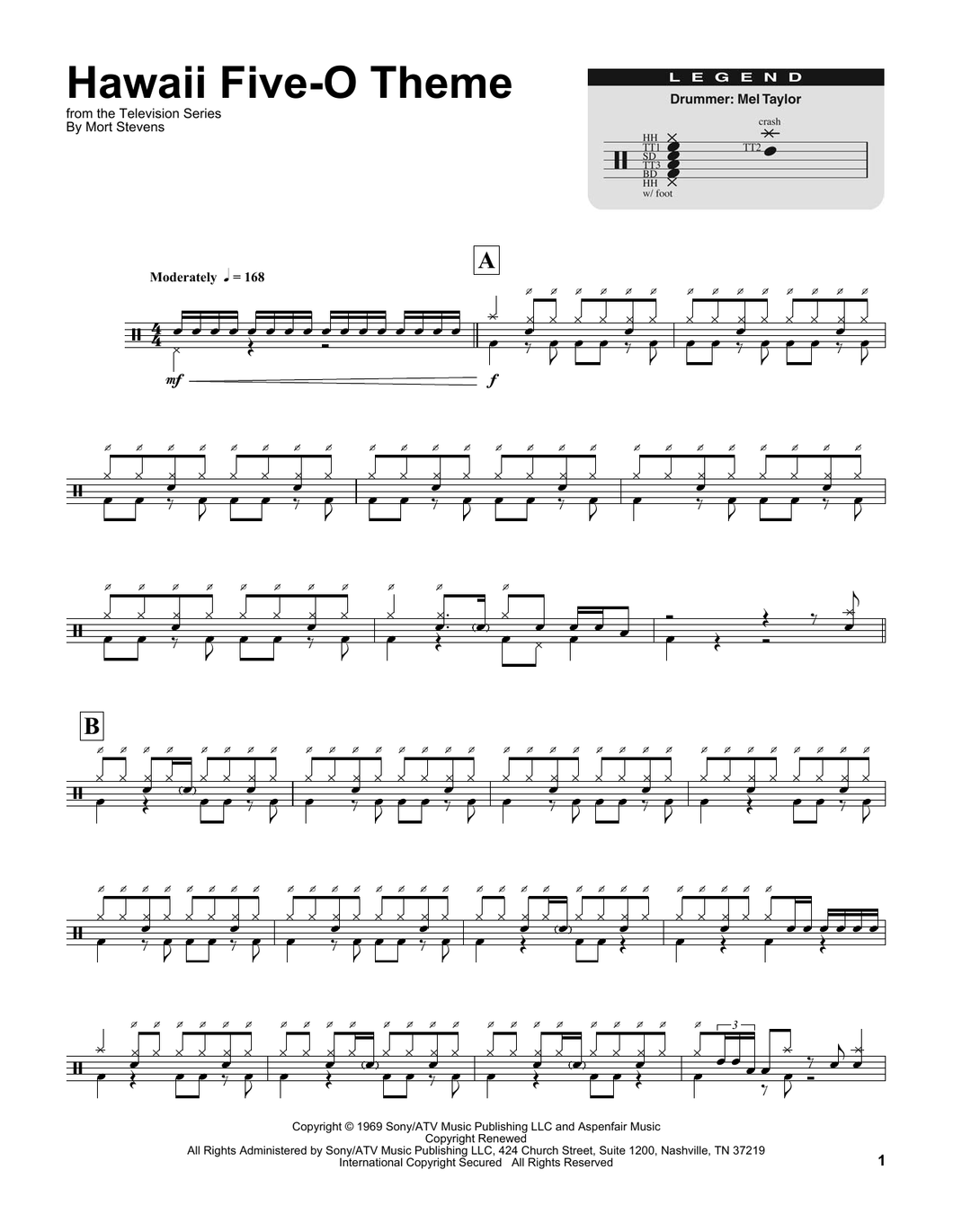 Hawaii Five O - The Ventures - Full Drum Transcription / Drum Sheet Music - SheetMusicDirect DT