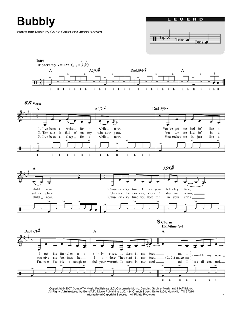 Bubbly - Colbie Caillat - Full Drum Transcription / Drum Sheet Music -  SheetMusicDirect DT