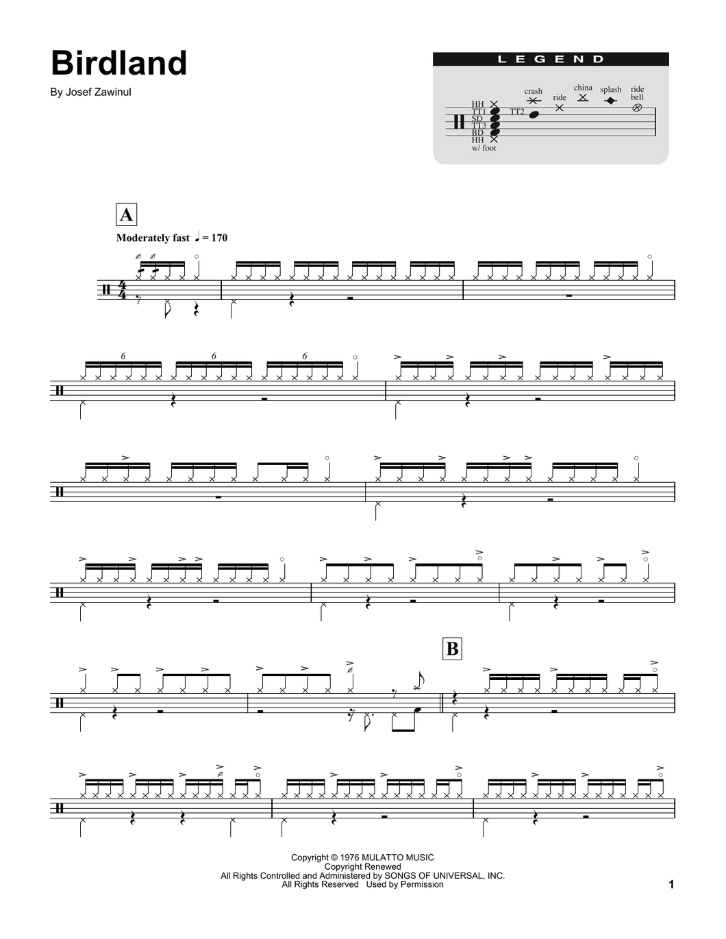 Birdland - Manhattan Transfer - Full Drum Transcription / Drum Sheet Music - SheetMusicDirect DT