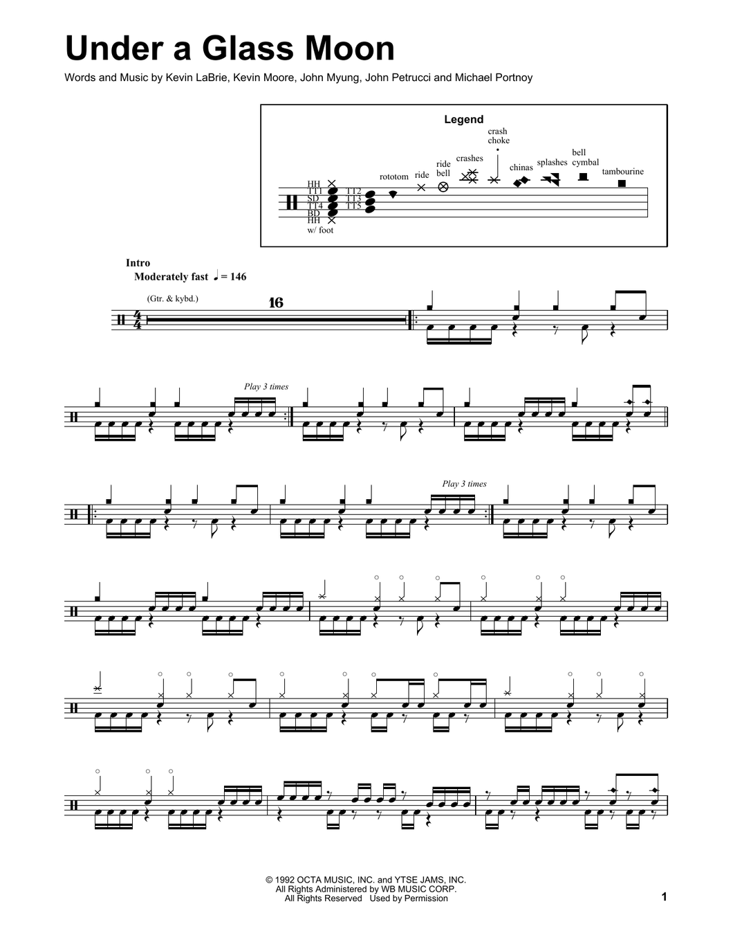 Under a Glass Moon - Dream Theater - Full Drum Transcription / Drum Sheet Music - SheetMusicDirect DT