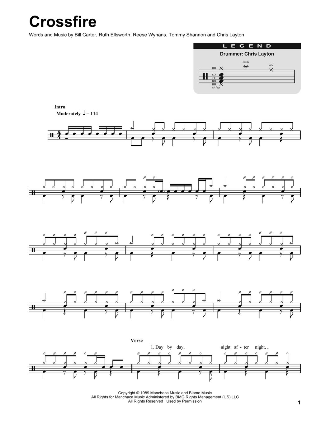 Crossfire - Stevie Ray Vaughan & Double Trouble - Full Drum Transcription / Drum Sheet Music - SheetMusicDirect DT170264