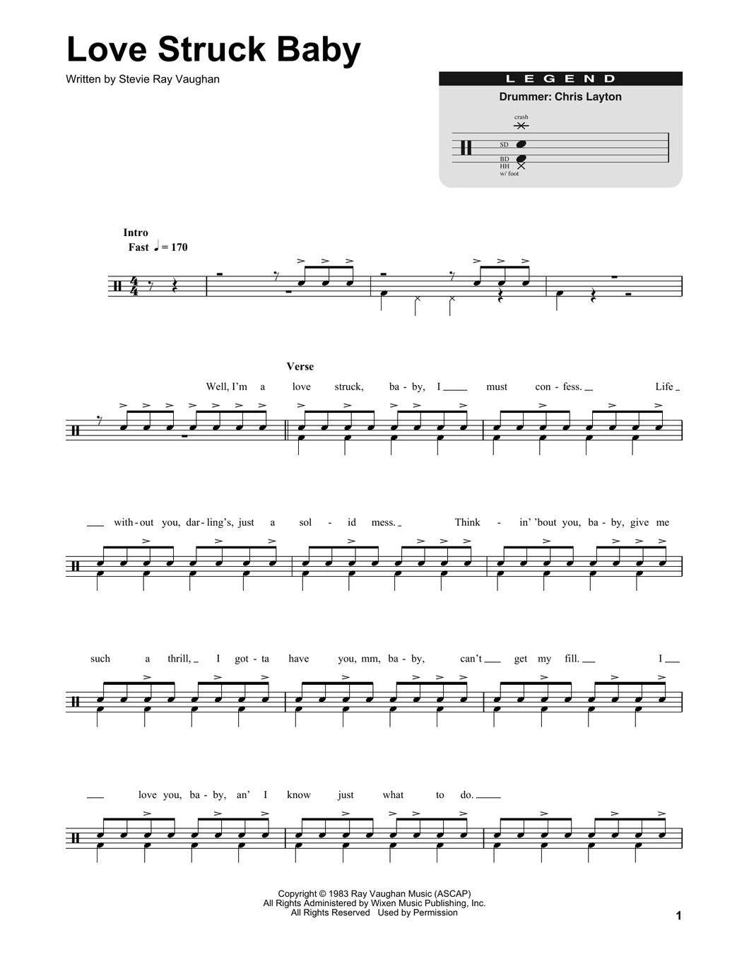 Love Struck Baby - Stevie Ray Vaughan - Full Drum Transcription / Drum Sheet Music - SheetMusicDirect DT
