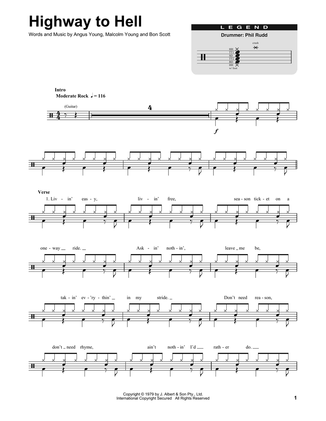 Highway to Hell - AC/DC - Full Drum Transcription / Drum Sheet Music - SheetMusicDirect DT