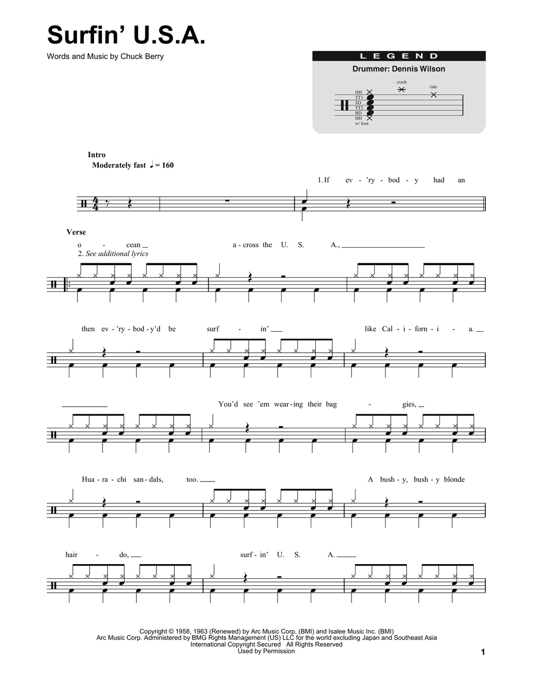 Surfin' U.S.A. - The Beach Boys - Full Drum Transcription / Drum Sheet Music - SheetMusicDirect DT