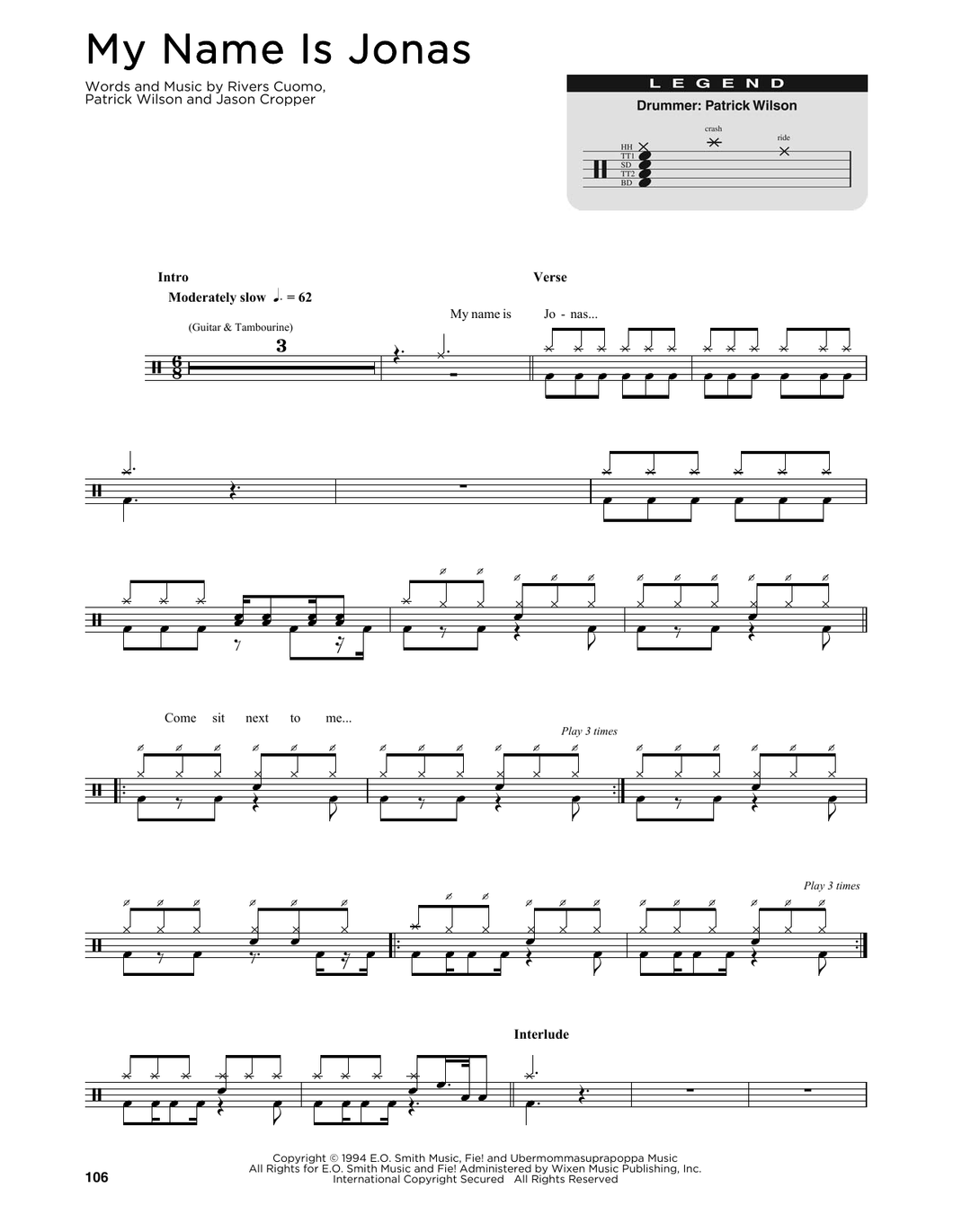 My Name Is Jonas - Weezer - Full Drum Transcription / Drum Sheet Music - SheetMusicDirect DT176352