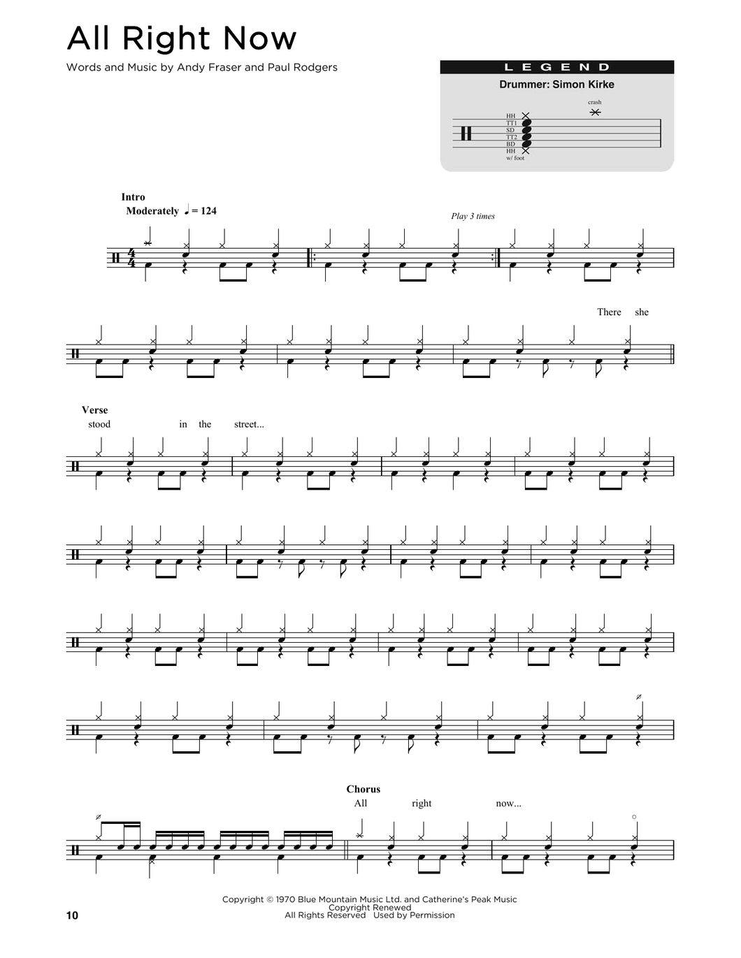 All Right Now - Free (The Band) - Full Drum Transcription / Drum Sheet Music - SheetMusicDirect DT176312