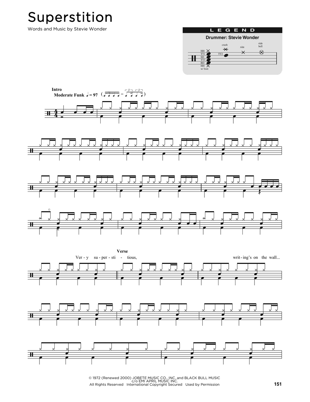 Superstition - Stevie Wonder - Full Drum Transcription / Drum Sheet Music - SheetMusicDirect DT176334