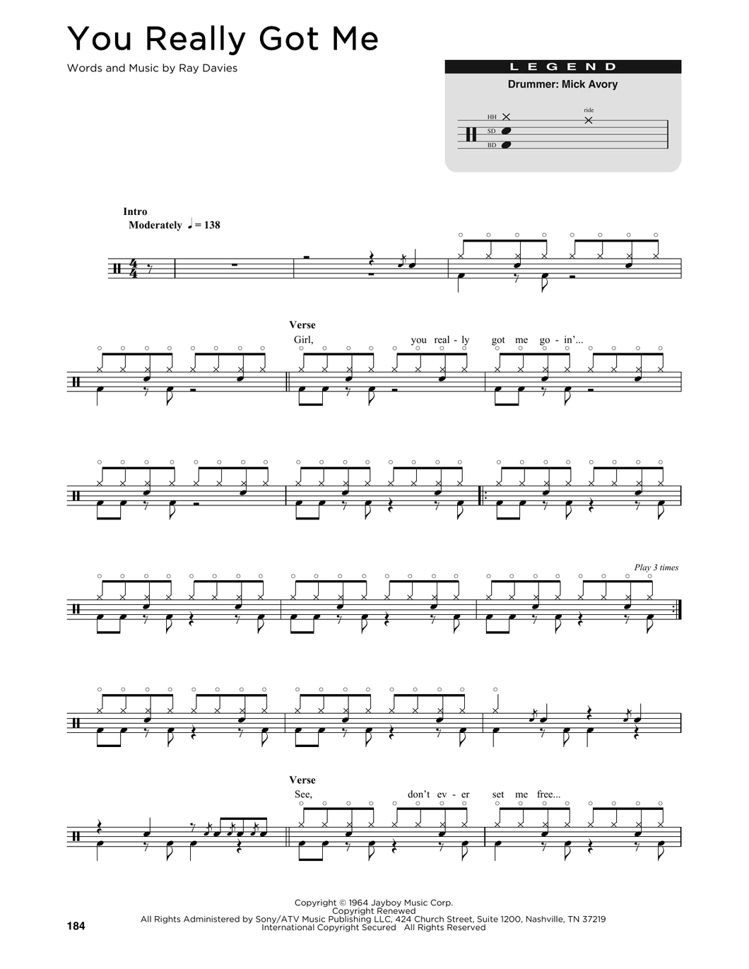 You Really Got Me - The Kinks - Full Drum Transcription / Drum Sheet Music - SheetMusicDirect DT176348