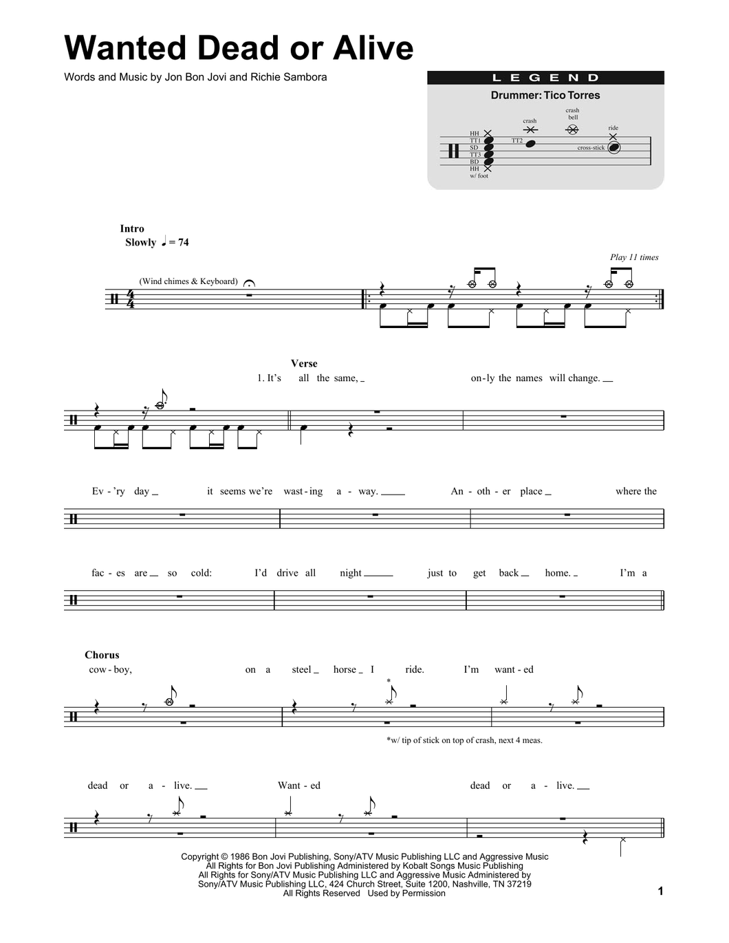 Wanted Dead or Alive - Bon Jovi - Full Drum Transcription / Drum Sheet Music - SheetMusicDirect DT177069