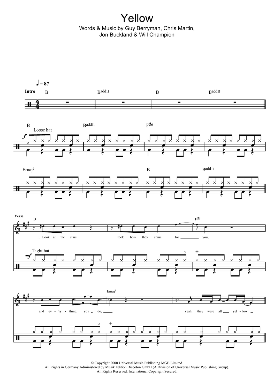 Yellow - Coldplay - Full Drum Transcription / Drum Sheet Music - SheetMusicDirect D