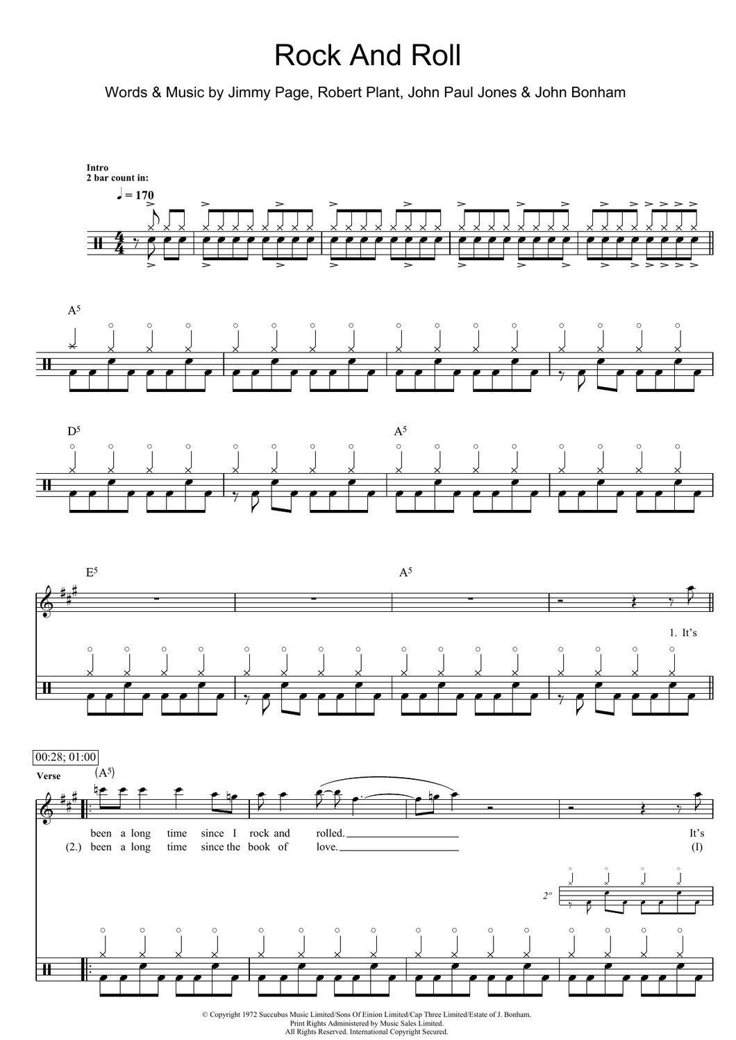 Rock and Roll - Led Zeppelin - Full Drum Transcription / Drum Sheet Music - SheetMusicDirect D