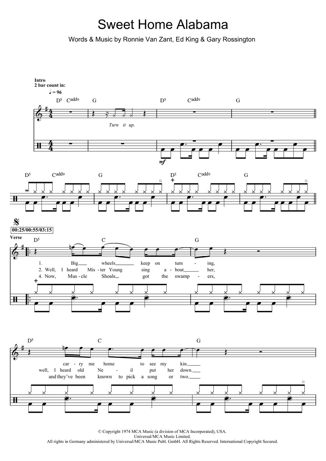 Sweet Home Alabama - Lynyrd Skynyrd - Full Drum Transcription / Drum Sheet Music - SheetMusicDirect D112285