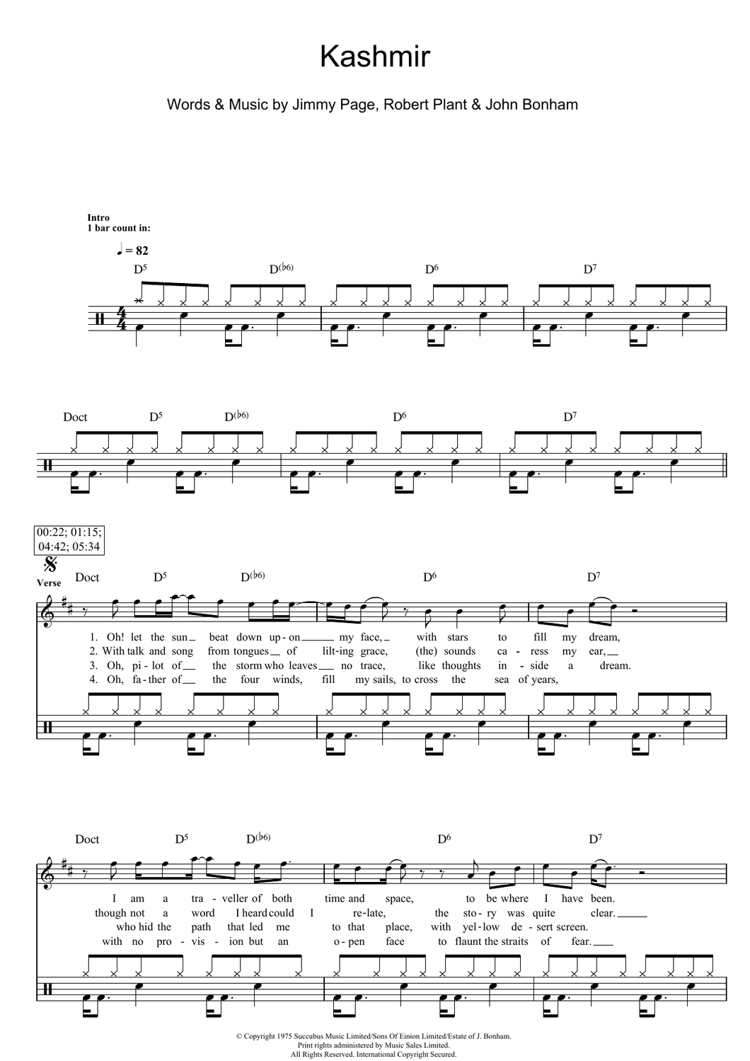 Kashmir - Led Zeppelin - Full Drum Transcription / Drum Sheet Music - SheetMusicDirect D