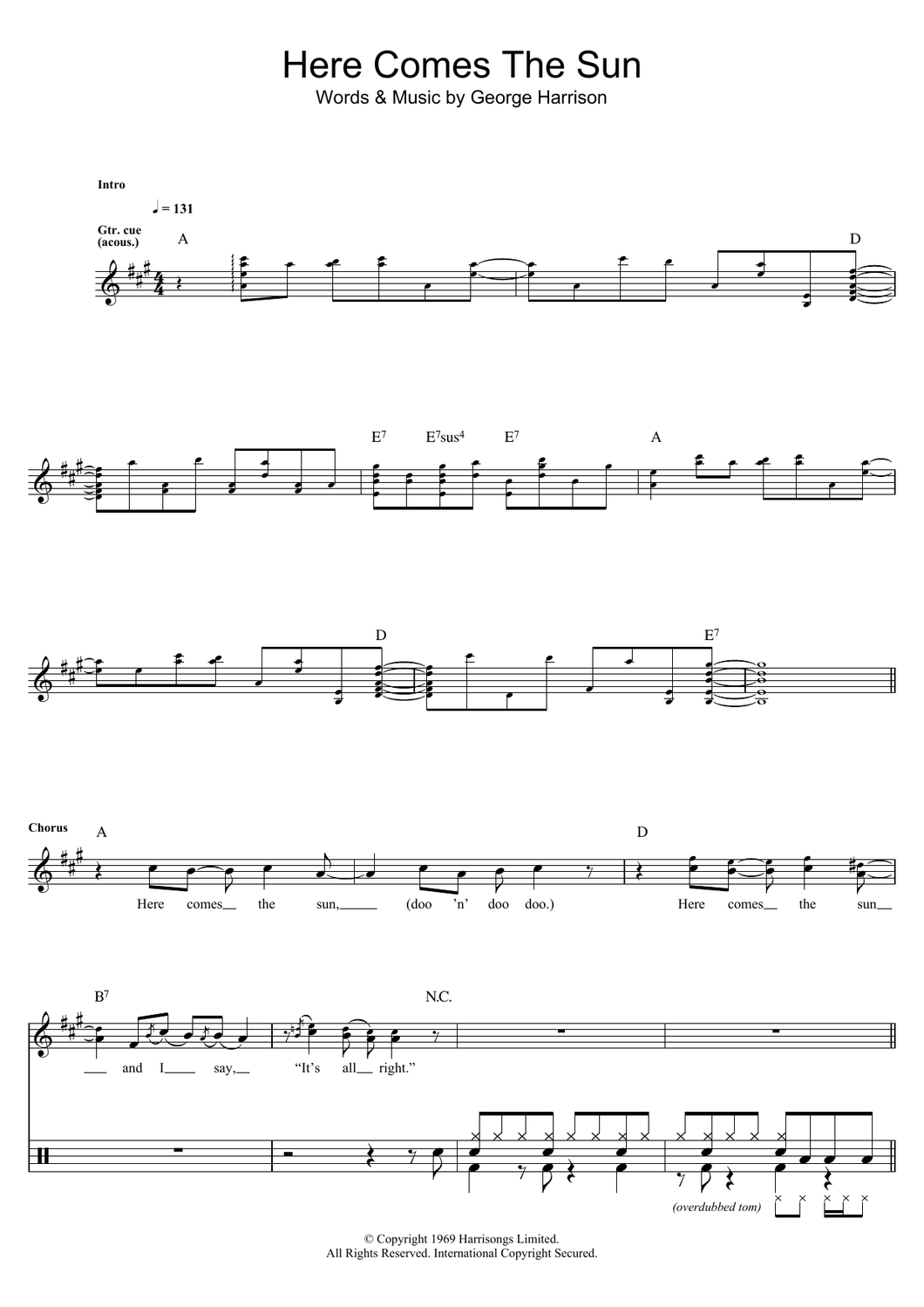 Here Comes the Sun - The Beatles - Full Drum Transcription / Drum Sheet Music - SheetMusicDirect D