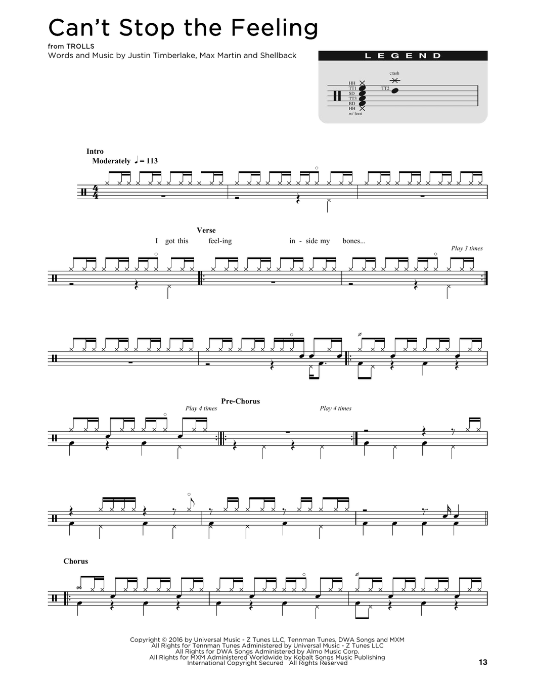 Can't Stop the Feeling! - Justin Timberlake - Full Drum Transcription / Drum Sheet Music - SheetMusicDirect DT185660