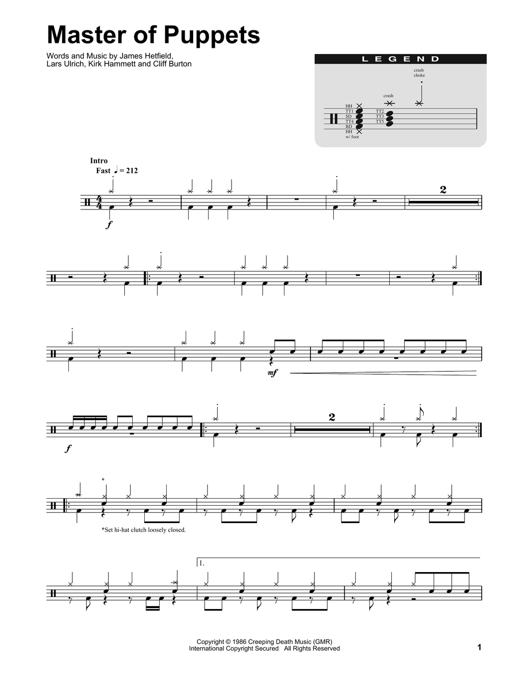 Master of Puppets - Metallica - Full Drum Transcription / Drum Sheet Music - SheetMusicDirect DT