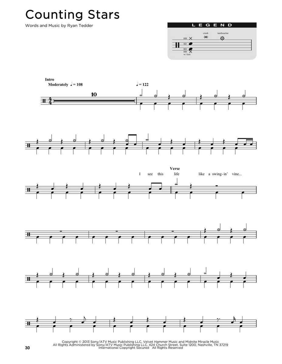 Counting Stars - OneRepublic - Drum Sheet Music - SheetMusicDirect D ...