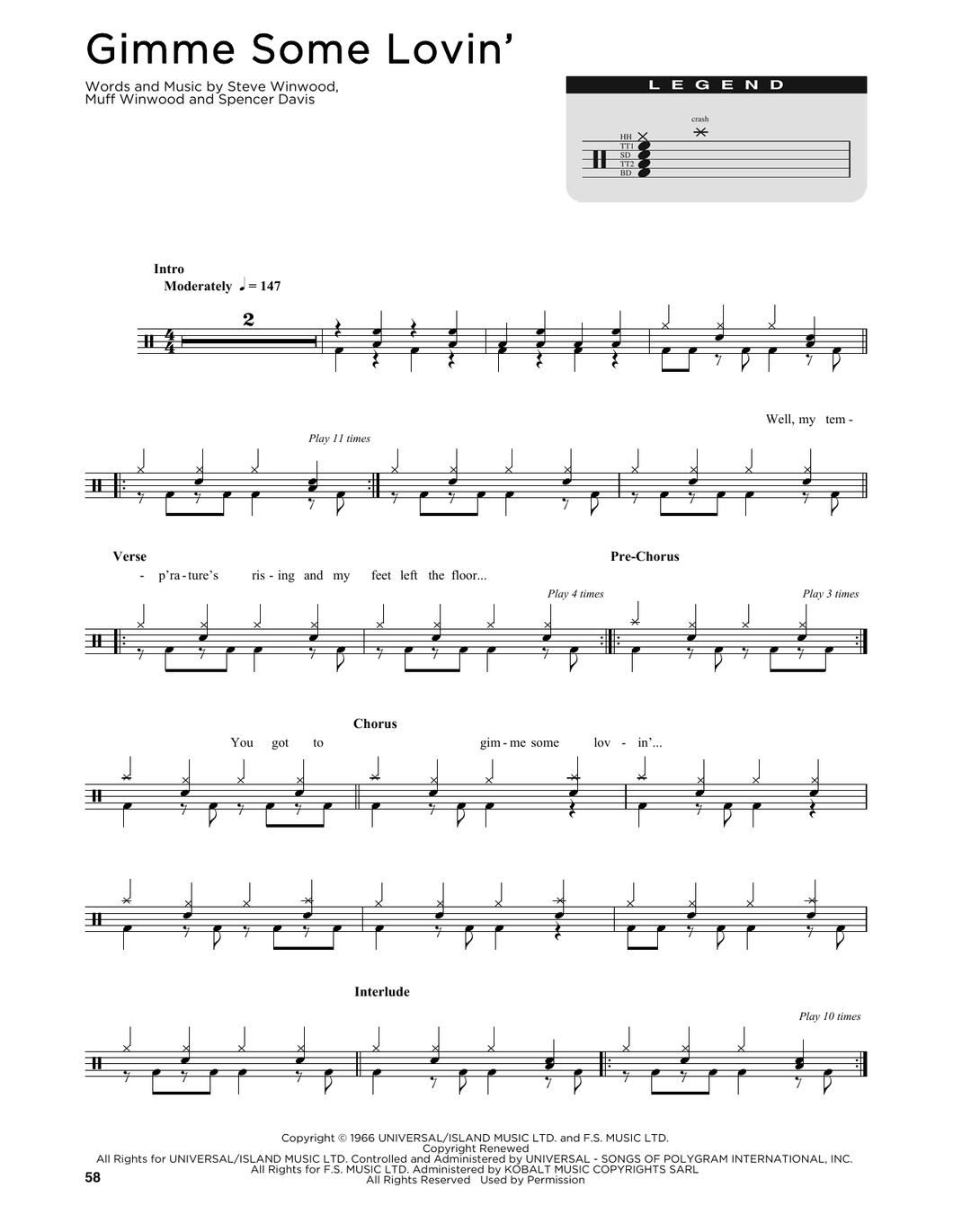 Gimme Some Lovin' - Spencer Davis Group - Full Drum Transcription / Drum Sheet Music - SheetMusicDirect DT251310