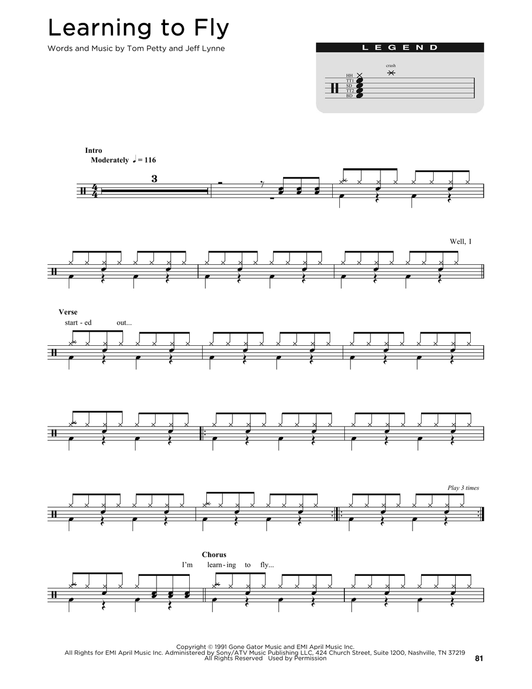 Learning to Fly - Tom Petty - Full Drum Transcription / Drum Sheet Music - SheetMusicDirect D