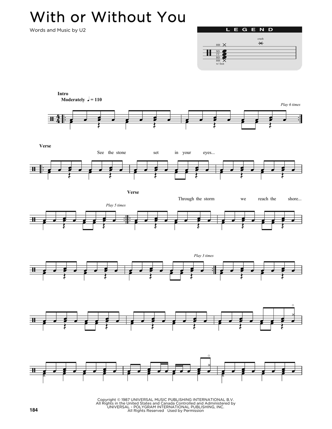 With or Without You - U2 (The Band) - Full Drum Transcription / Drum Sheet Music - SheetMusicDirect D
