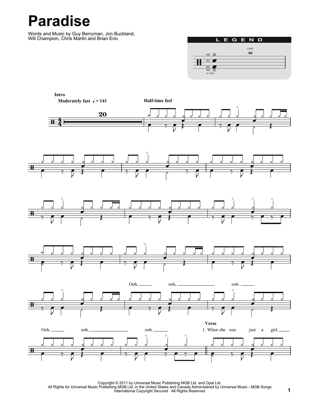 Paradise - Coldplay - Full Drum Transcription / Drum Sheet Music - SheetMusicDirect DT