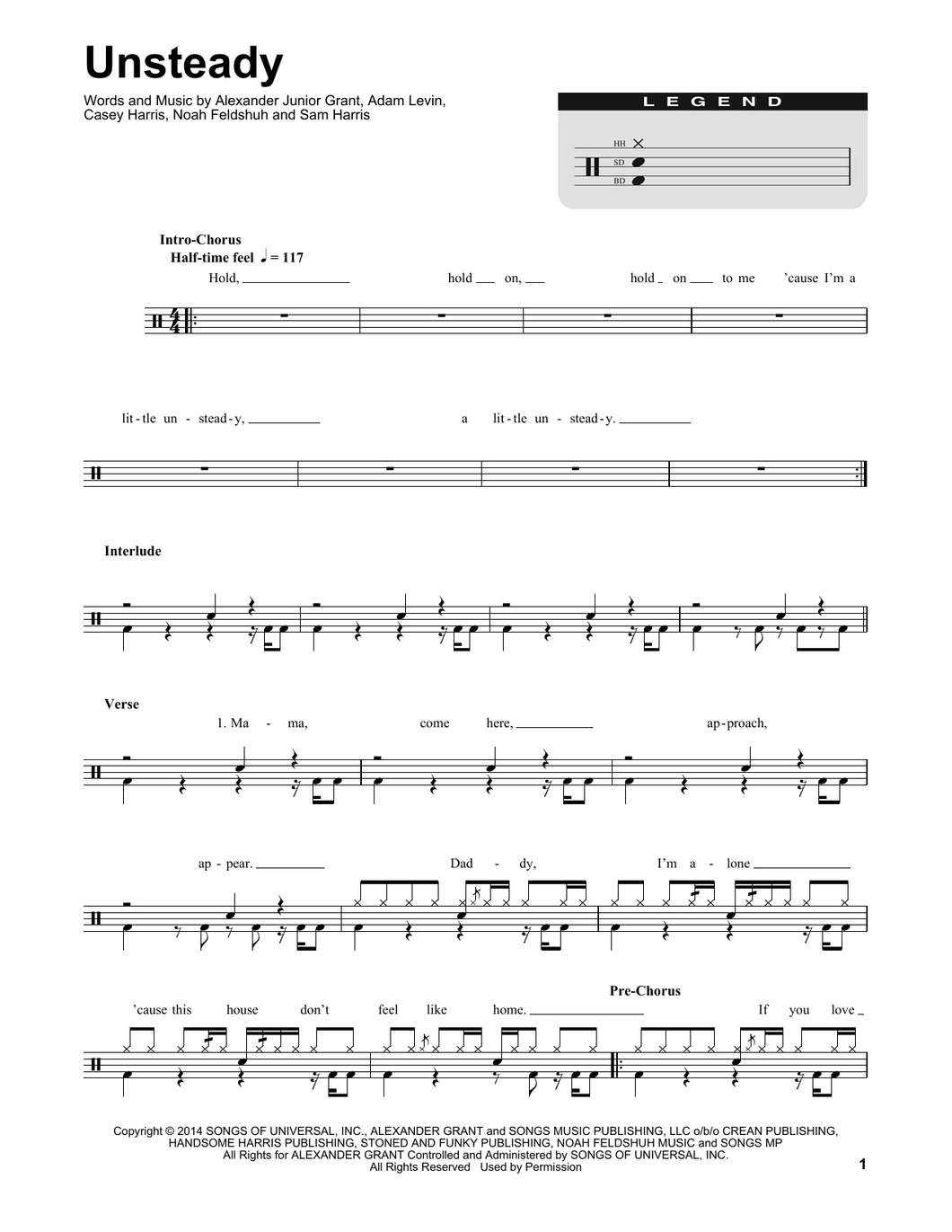 Unsteady - X Ambassadors - Full Drum Transcription / Drum Sheet Music - SheetMusicDirect DT