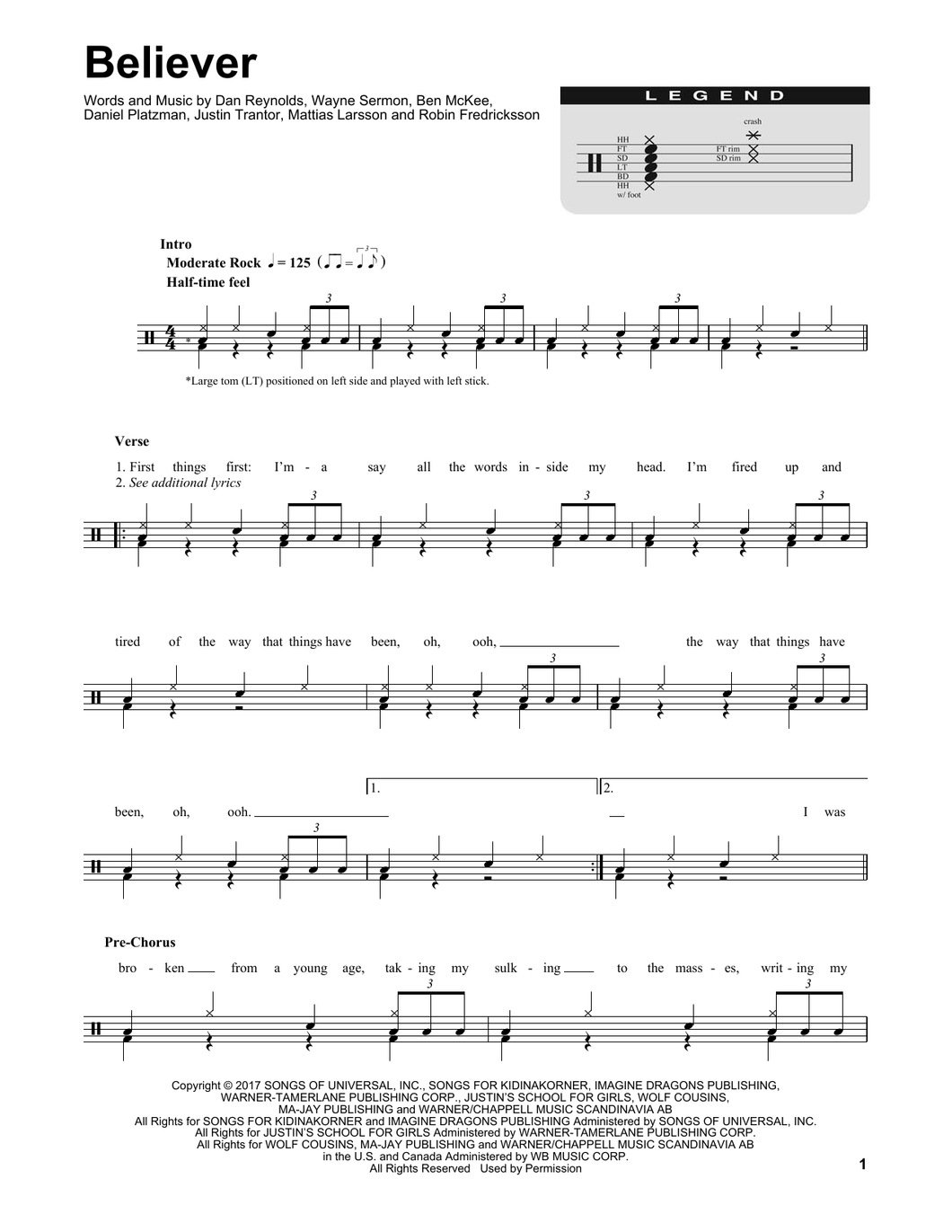 Believer - Imagine Dragons - Full Drum Transcription / Drum Sheet Music - SheetMusicDirect DT