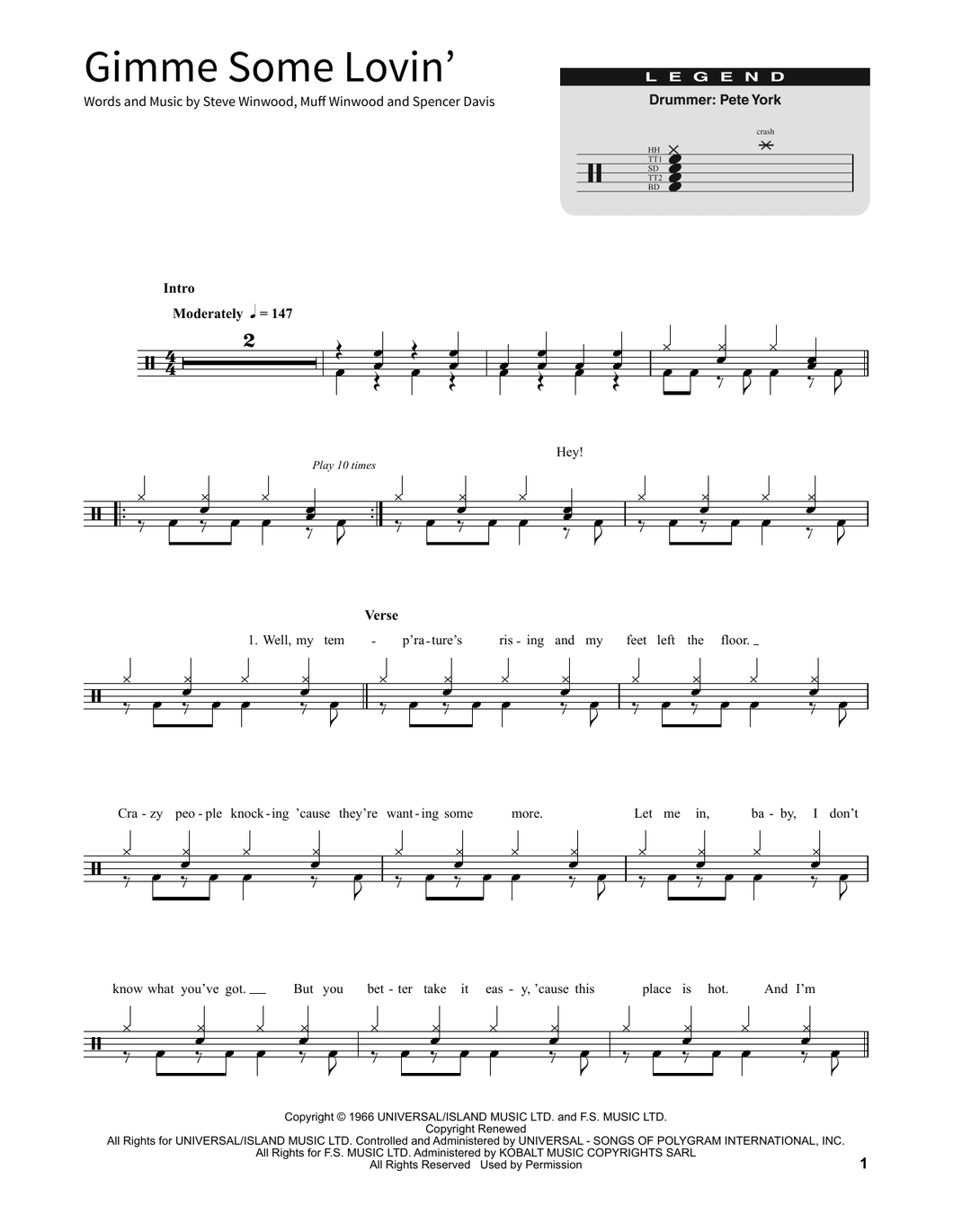 Gimme Some Lovin' - Spencer Davis Group - Full Drum Transcription / Drum Sheet Music - SheetMusicDirect SORD