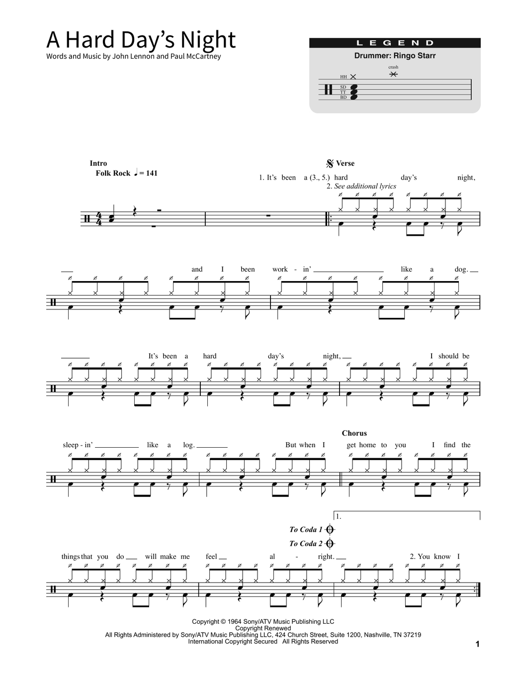 A Hard Day's Night - The Beatles - Full Drum Transcription / Drum Sheet Music - SheetMusicDirect SORD