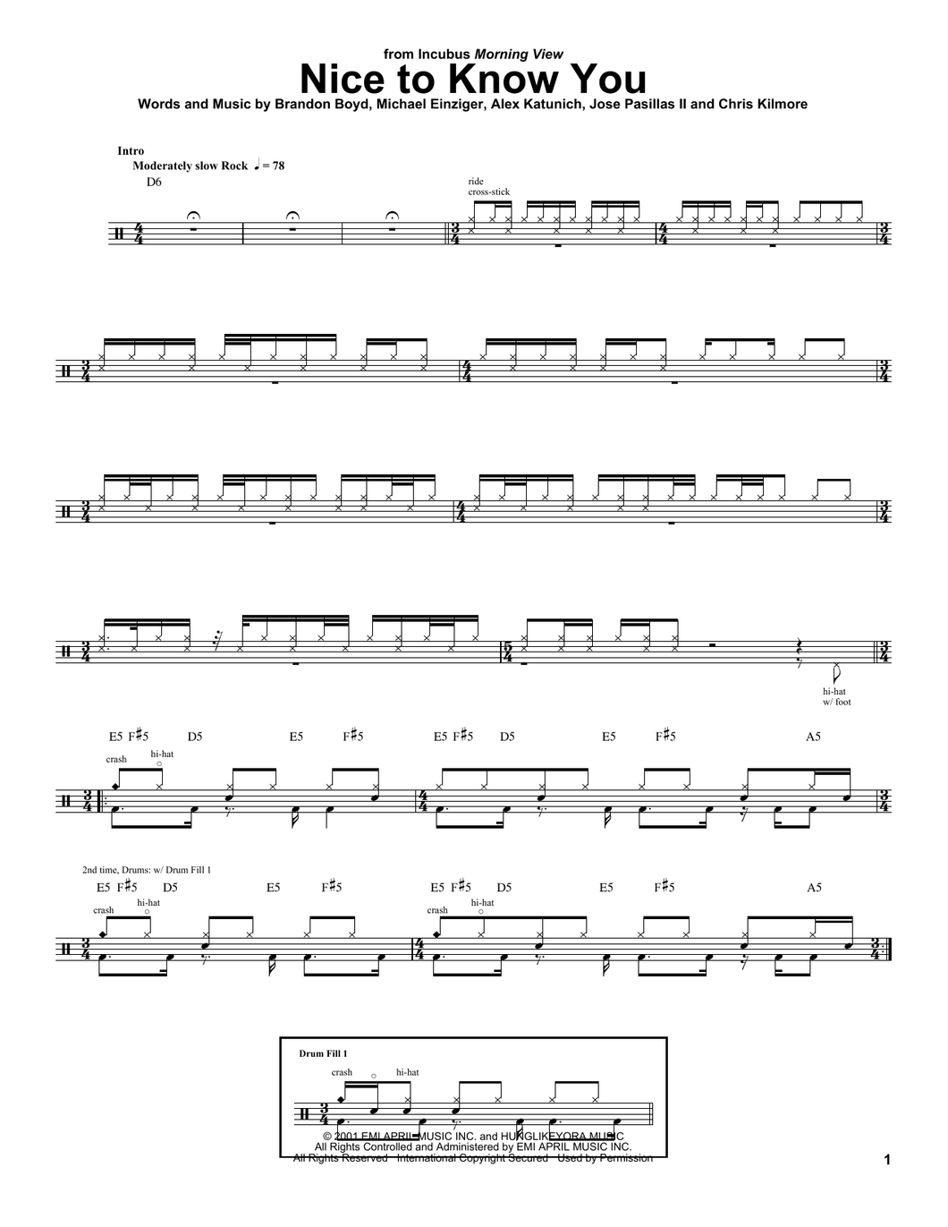 Nice to Know You - Incubus - Full Drum Transcription / Drum Sheet Music - SheetMusicDirect DT174367