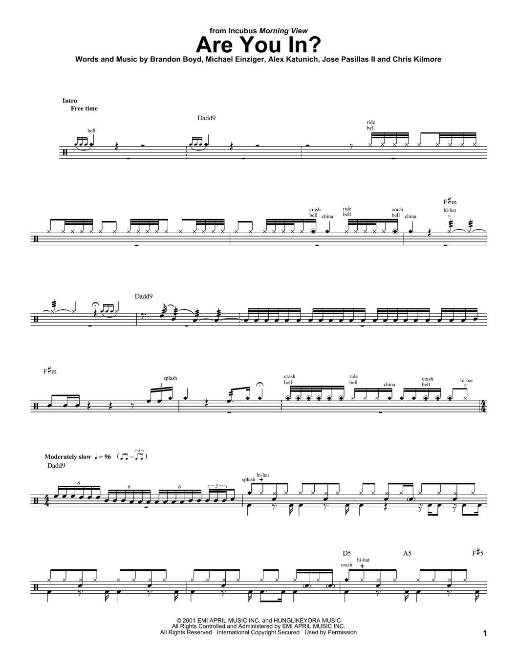 Are You In? - Incubus - Full Drum Transcription / Drum Sheet Music - SheetMusicDirect DT