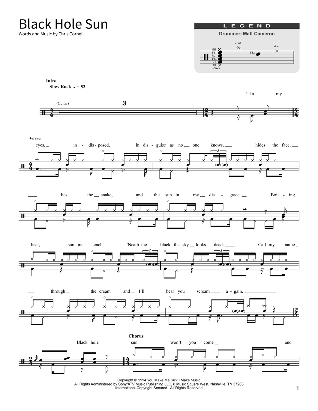 Black Hole Sun - Soundgarden - Full Drum Transcription / Drum Sheet Music - SheetMusicDirect SORD