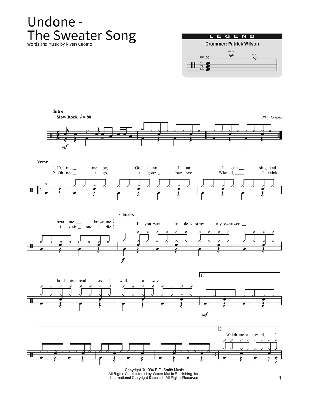 Undone (The Sweater Song) - Weezer - Full Drum Transcription / Drum Sheet Music - SheetMusicDirect SORD