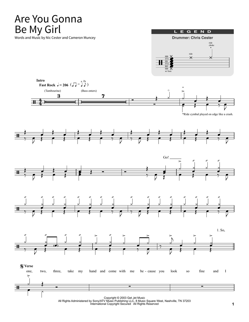 Are You Gonna Be My Girl - Jet - Full Drum Transcription / Drum Sheet Music - SheetMusicDirect SORD