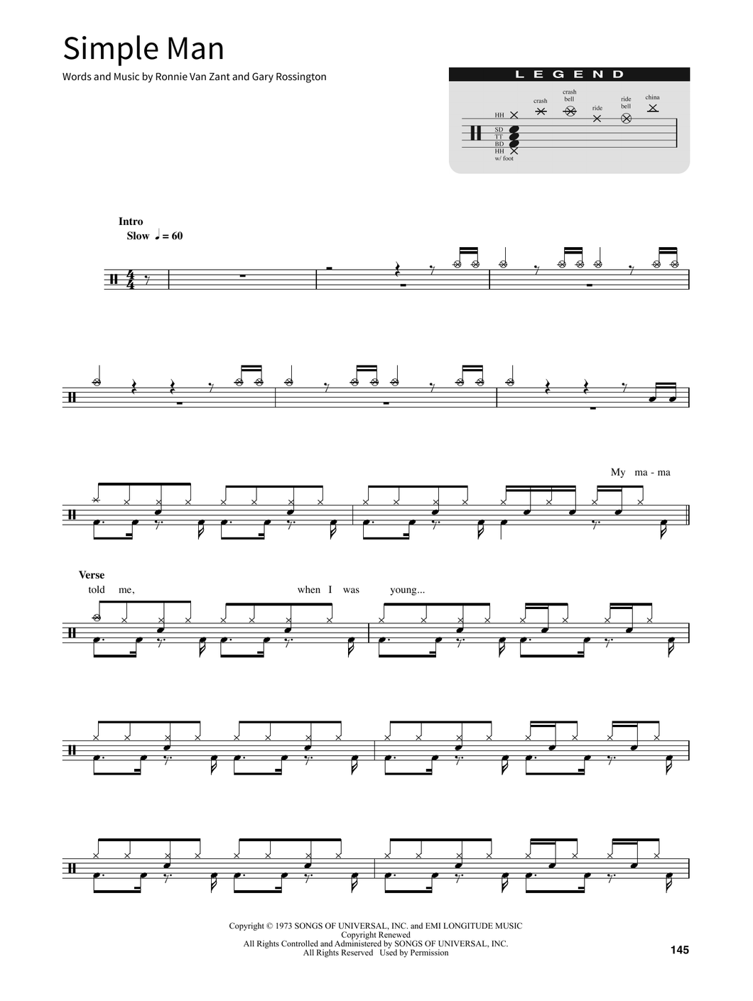 Simple Man - Lynyrd Skynyrd - Full Drum Transcription / Drum Sheet Music - SheetMusicDirect SORD
