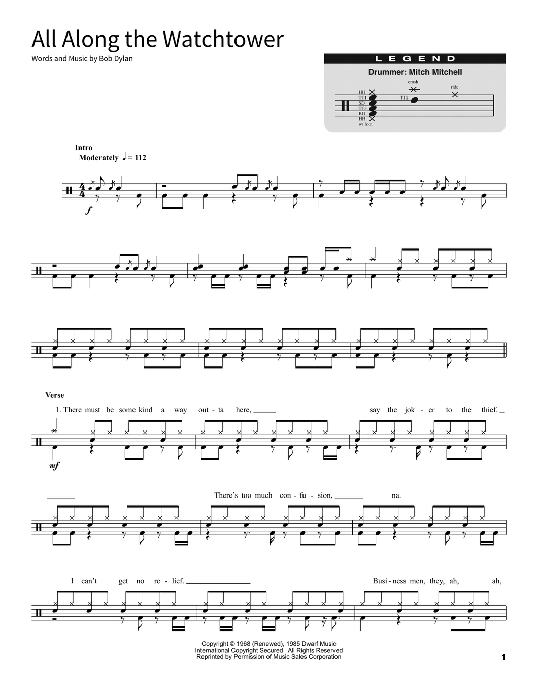 All Along the Watchtower - Bob Dylan - Full Drum Transcription / Drum Sheet Music - SheetMusicDirect SORD