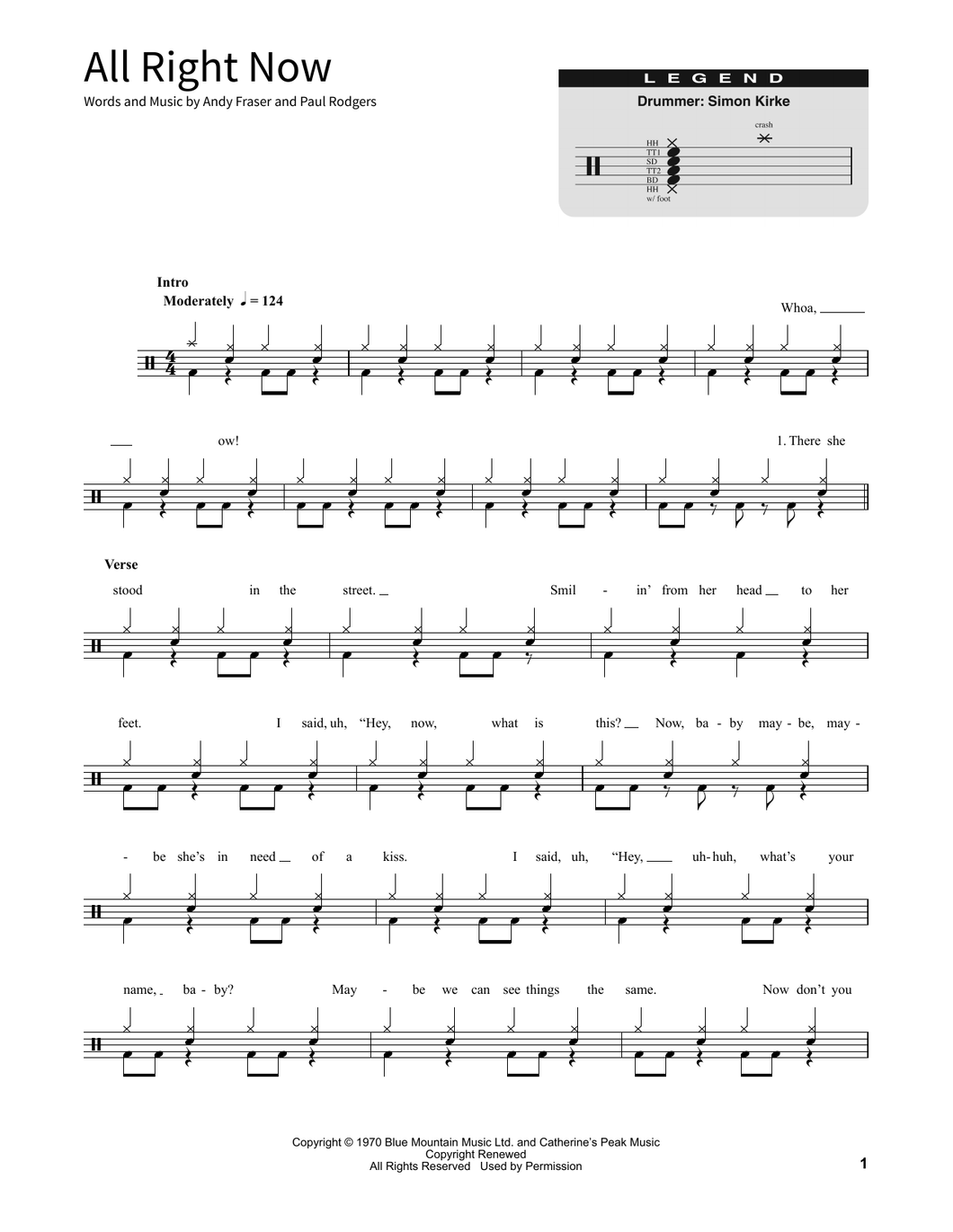 All Right Now - Free (The Band) - Full Drum Transcription / Drum Sheet Music - SheetMusicDirect D