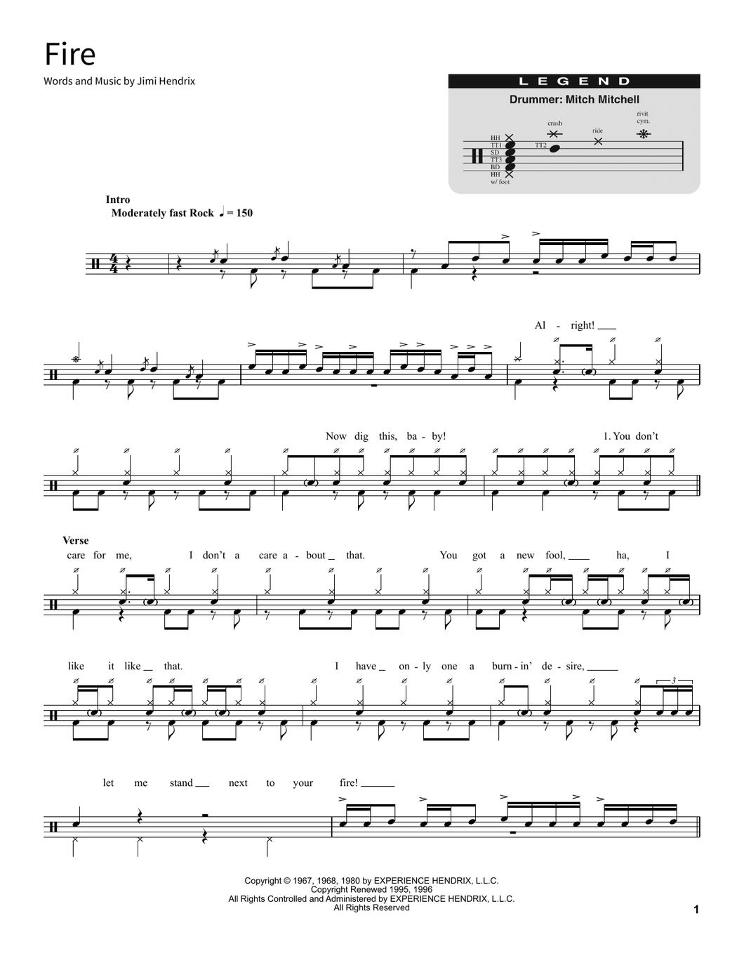 Fire - Jimi Hendrix - Full Drum Transcription / Drum Sheet Music - SheetMusicDirect SORD